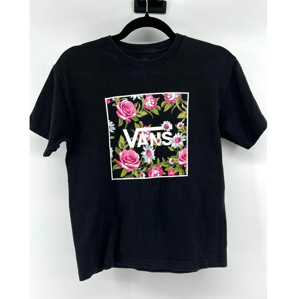 VANS Women's Black Graphic Tee Pink Floral Box Logo T-Shirt Size M